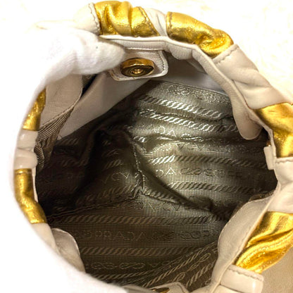 PRADA Hand Bag Tote Purse Leather Gold White Authentic