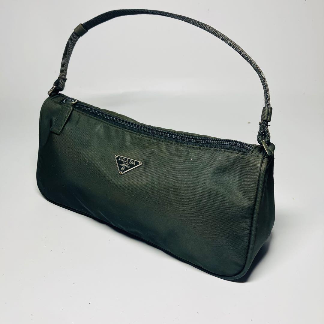 PRADA Accessory Pouch Hand Pouch Logo Nylon Khaki Silver Authentic