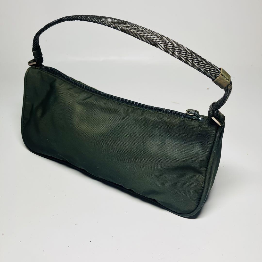 PRADA Accessory Pouch Hand Pouch Logo Nylon Khaki Silver Authentic
