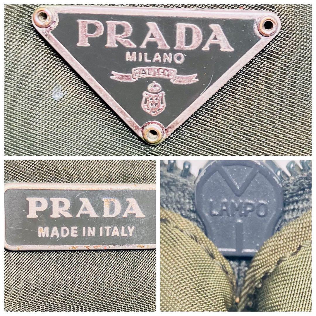 PRADA Accessory Pouch Hand Pouch Logo Nylon Khaki Silver Authentic