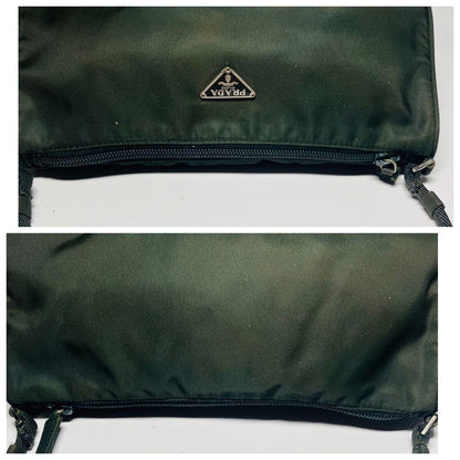 PRADA Accessory Pouch Hand Pouch Logo Nylon Khaki Silver Authentic