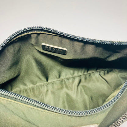PRADA Accessory Pouch Hand Pouch Logo Nylon Khaki Silver Authentic