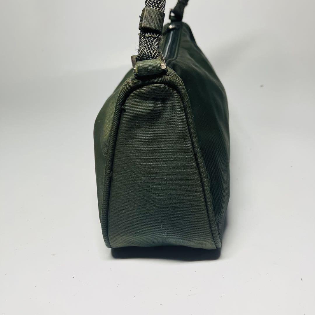 PRADA Accessory Pouch Hand Pouch Logo Nylon Khaki Silver Authentic
