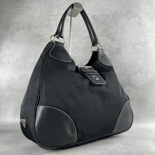 PRADA Hand Shoulder Bag Tote Purse Logo Nylon Leather Black Authentic