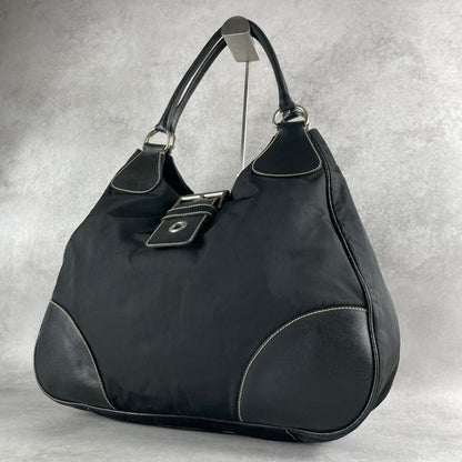 PRADA Hand Shoulder Bag Tote Purse Logo Nylon Leather Black Authentic