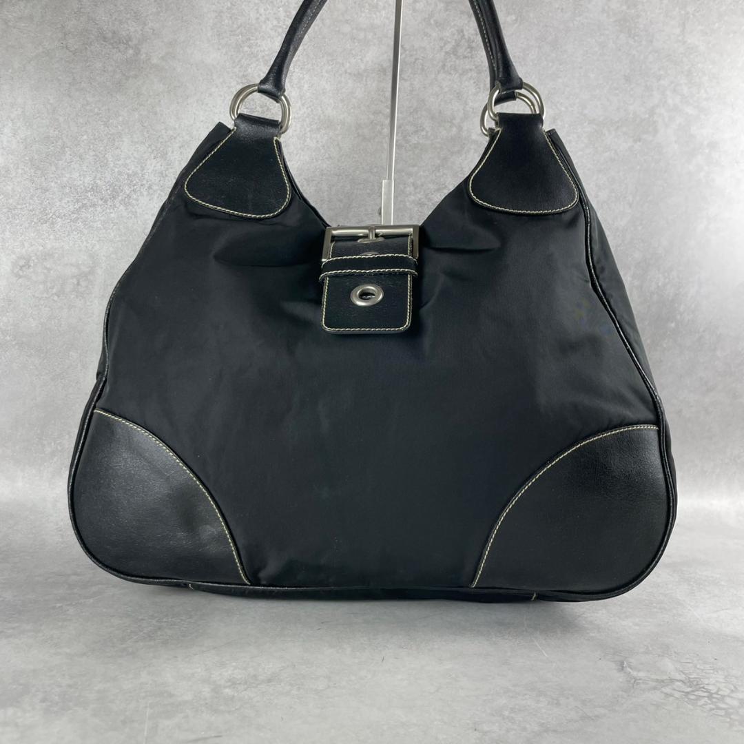 PRADA Hand Shoulder Bag Tote Purse Logo Nylon Leather Black Authentic