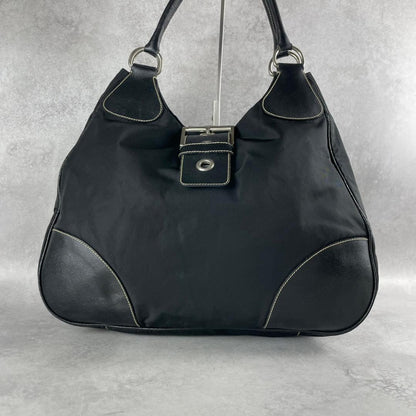 PRADA Hand Shoulder Bag Tote Purse Logo Nylon Leather Black Authentic