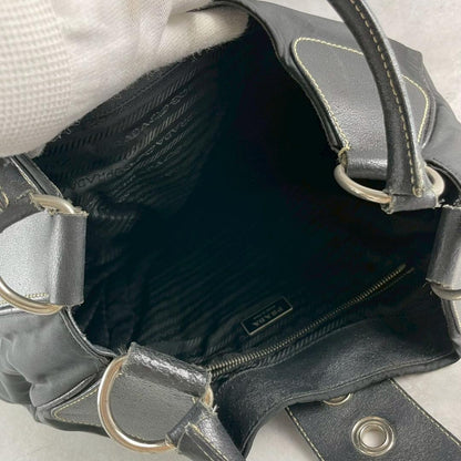 PRADA Hand Shoulder Bag Tote Purse Logo Nylon Leather Black Authentic