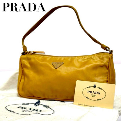 PRADA Accessory Pouch Shoulder Bag Purse Logo Nylon Beige Yellow Authentic