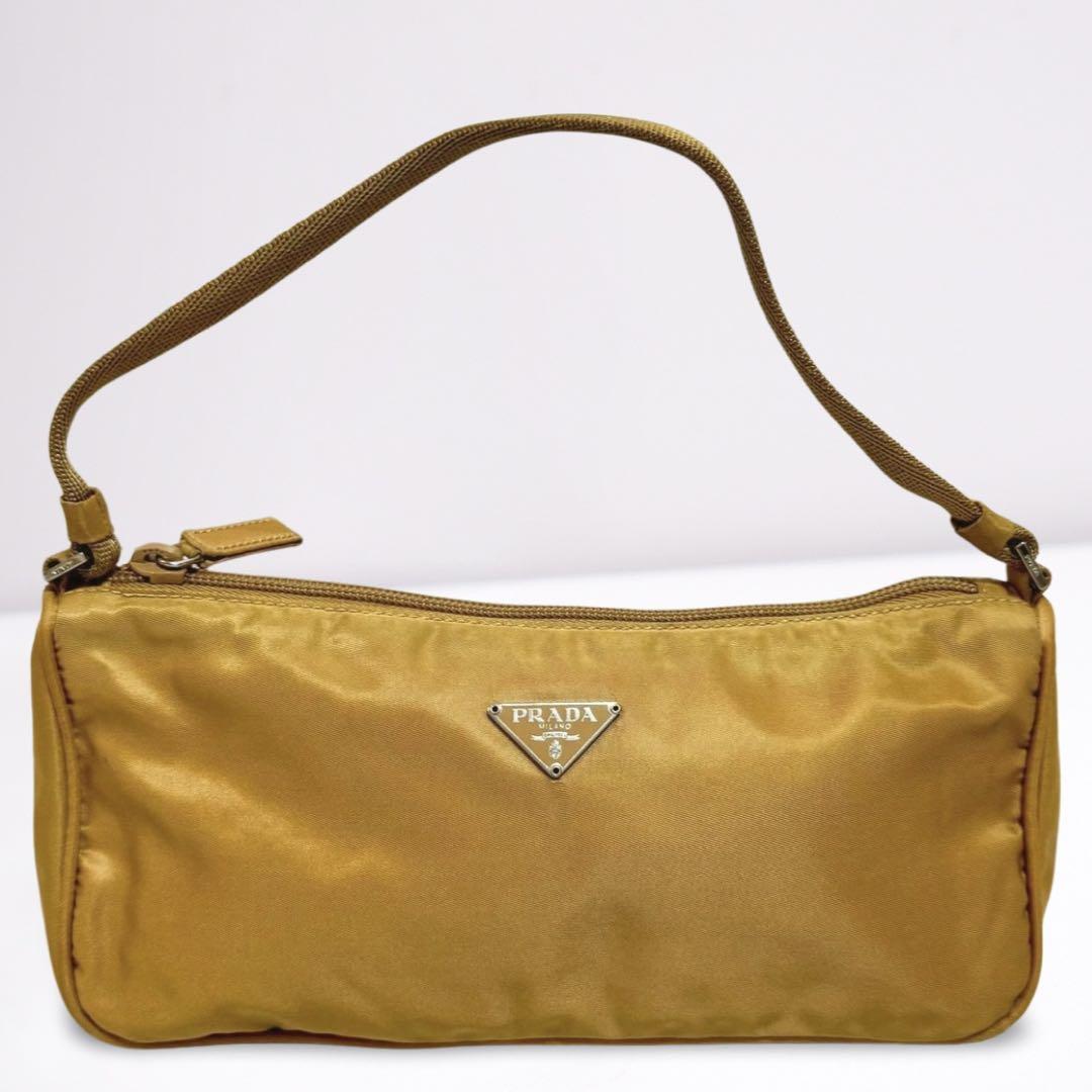 PRADA Accessory Pouch Shoulder Bag Purse Logo Nylon Beige Yellow Authentic