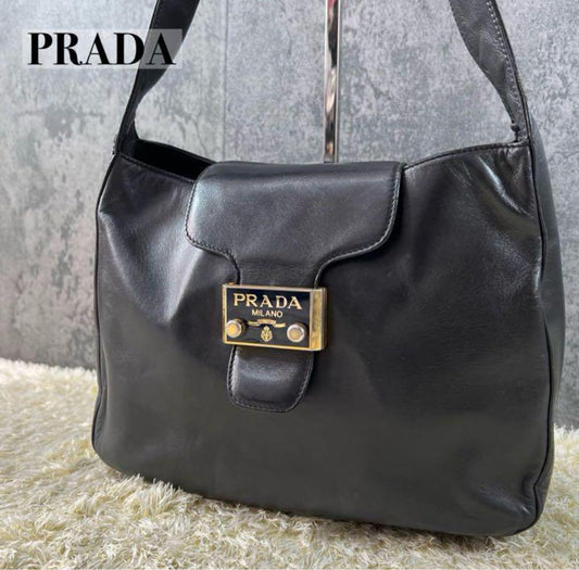 PRADA Shoulder Bag Purse Logo Leather Black Authentic