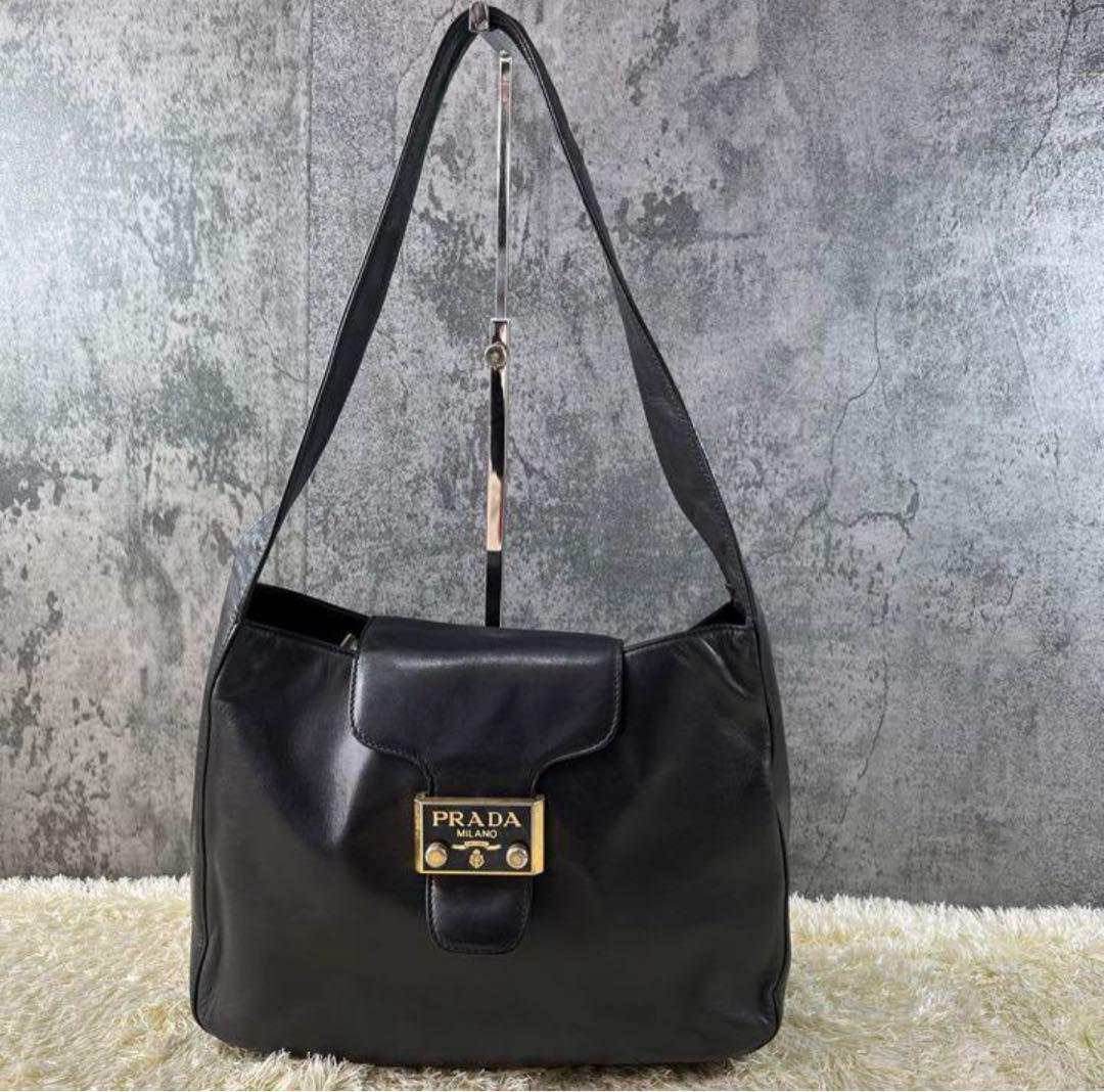 PRADA Shoulder Bag Purse Logo Leather Black Authentic