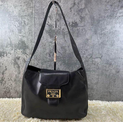 PRADA Shoulder Bag Purse Logo Leather Black Authentic