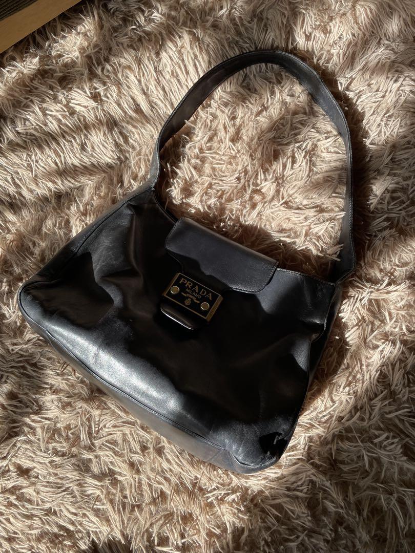 PRADA Shoulder Bag Purse Logo Leather Black Authentic
