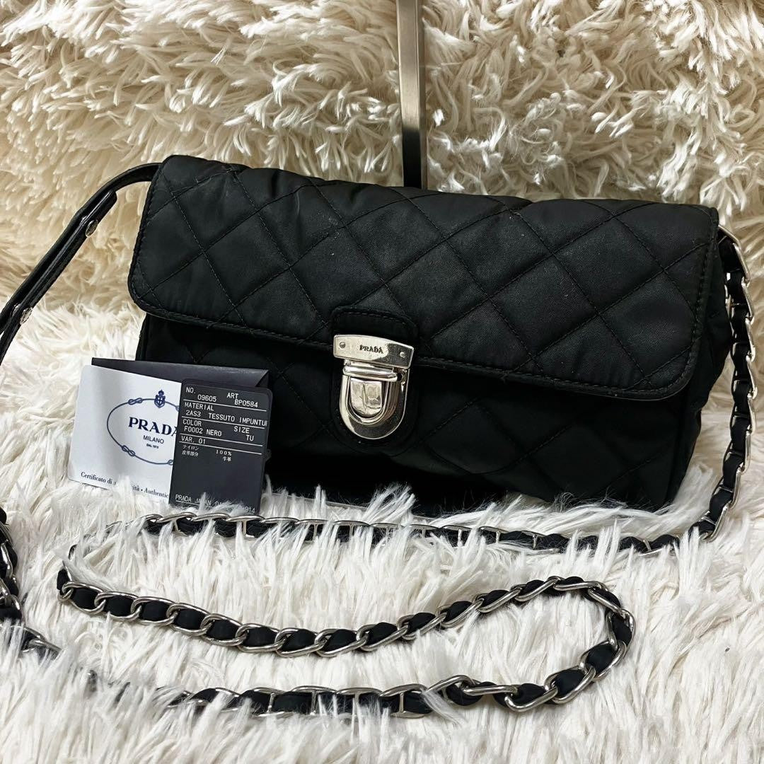 PRADA Shoulder Bag Purse 2way Quilting Chain Nylon Black Authentic