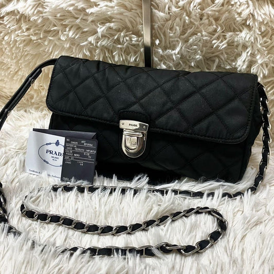PRADA Shoulder Bag Purse 2way Quilting Chain Nylon Black Authentic