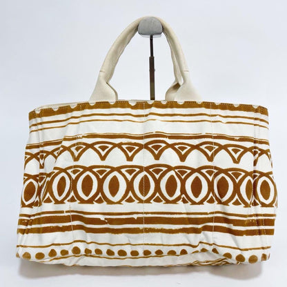 PRADA Hand Bag Tote Purse Canapa Canvas Brown White Authentic