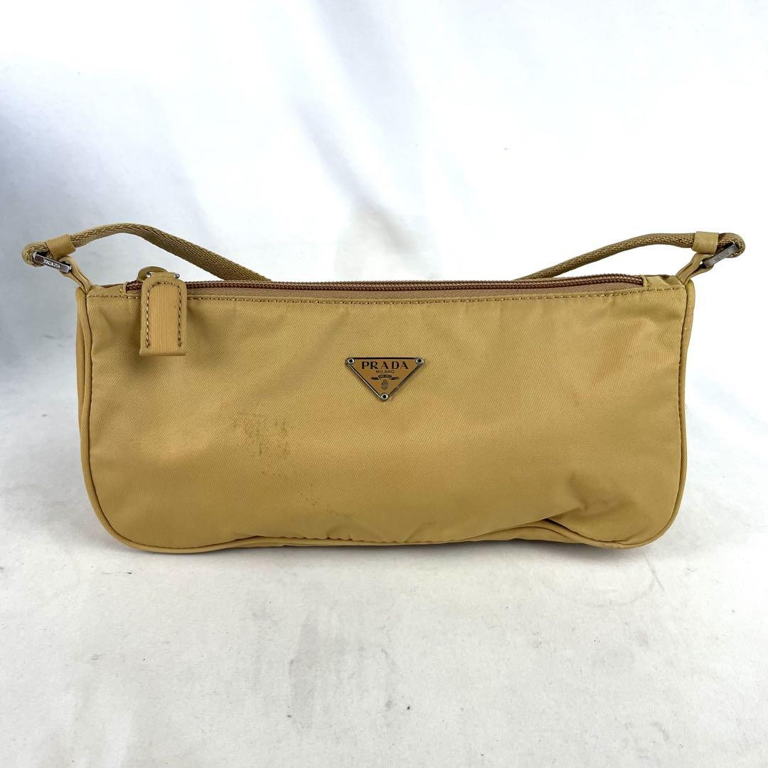 PRADA Accessory Pouch Hand Pouch Logo Nylon Beige Authentic