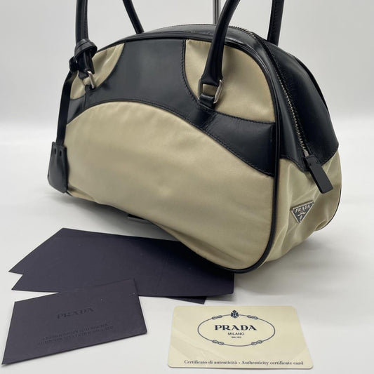 PRADA Hand Bag Tote Purse Logo Nylon Leather Off White Black Authentic