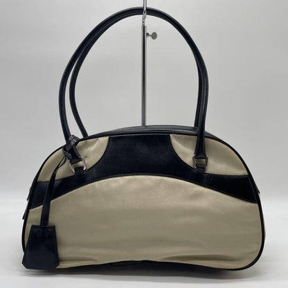 PRADA Hand Bag Tote Purse Logo Nylon Leather Off White Black Authentic