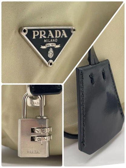 PRADA Hand Bag Tote Purse Logo Nylon Leather Off White Black Authentic