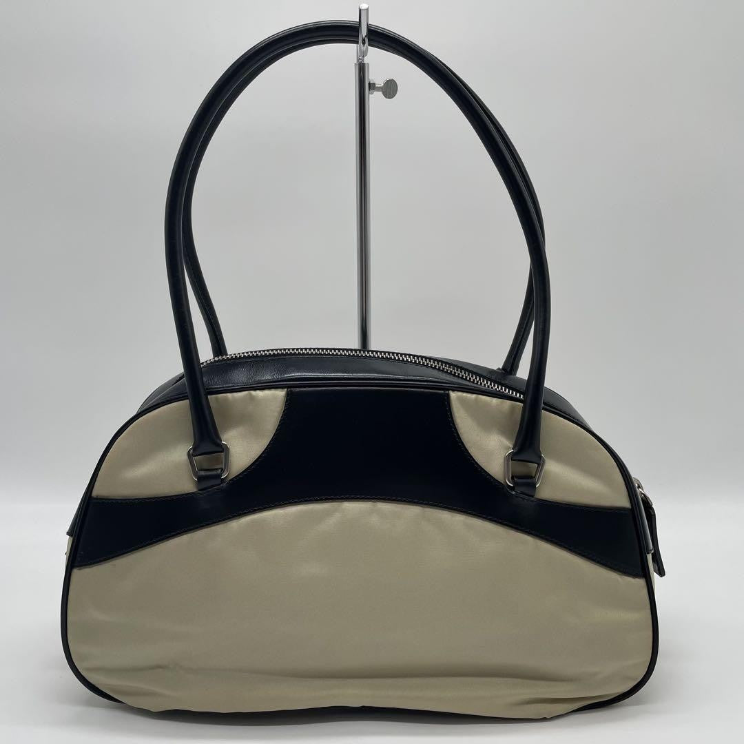 PRADA Hand Bag Tote Purse Logo Nylon Leather Off White Black Authentic