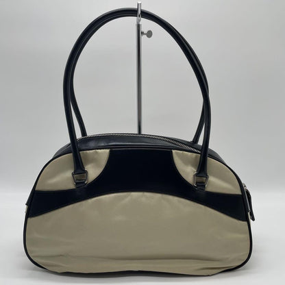 PRADA Hand Bag Tote Purse Logo Nylon Leather Off White Black Authentic