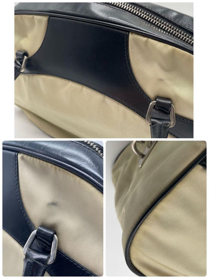 PRADA Hand Bag Tote Purse Logo Nylon Leather Off White Black Authentic