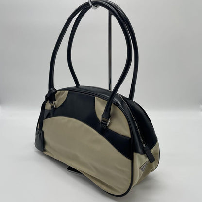 PRADA Hand Bag Tote Purse Logo Nylon Leather Off White Black Authentic