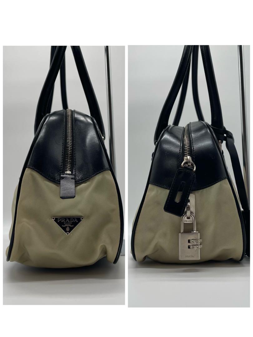 PRADA Hand Bag Tote Purse Logo Nylon Leather Off White Black Authentic