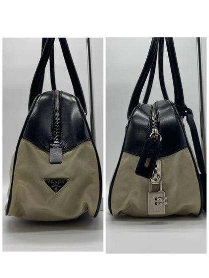 PRADA Hand Bag Tote Purse Logo Nylon Leather Off White Black Authentic
