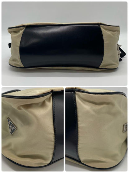 PRADA Hand Bag Tote Purse Logo Nylon Leather Off White Black Authentic