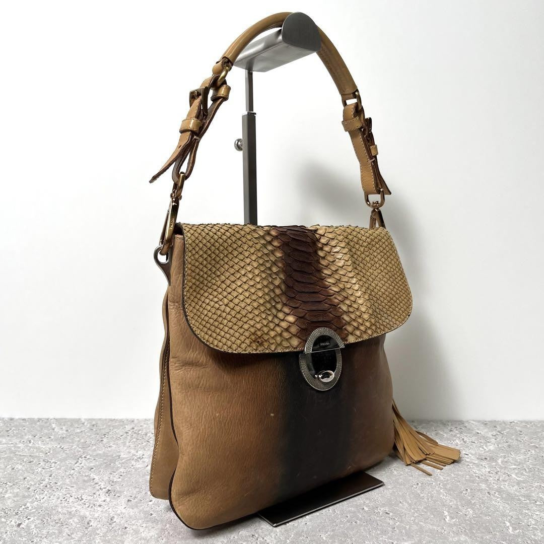 PRADA Hand Shoulder Bag Tote Purse Metal Logo Leather Brown Camel Authentic