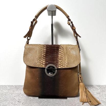 PRADA Hand Shoulder Bag Tote Purse Metal Logo Leather Brown Camel Authentic