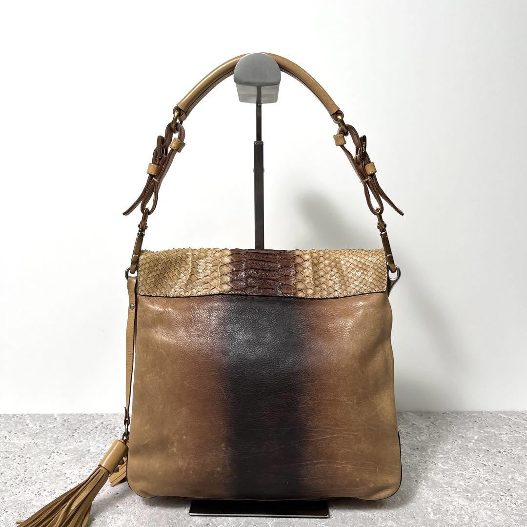 PRADA Hand Shoulder Bag Tote Purse Metal Logo Leather Brown Camel Authentic