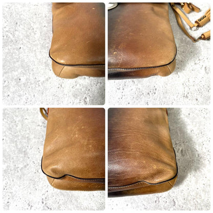 PRADA Hand Shoulder Bag Tote Purse Metal Logo Leather Brown Camel Authentic