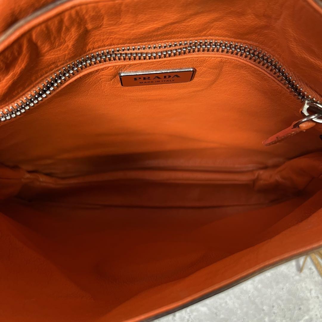 PRADA Hand Shoulder Bag Tote Purse Metal Logo Leather Brown Camel Authentic