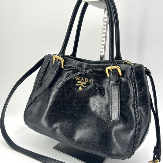 PRADA Hand Shoulder Bag Tote Purse 2way Ribbon Black Authentic
