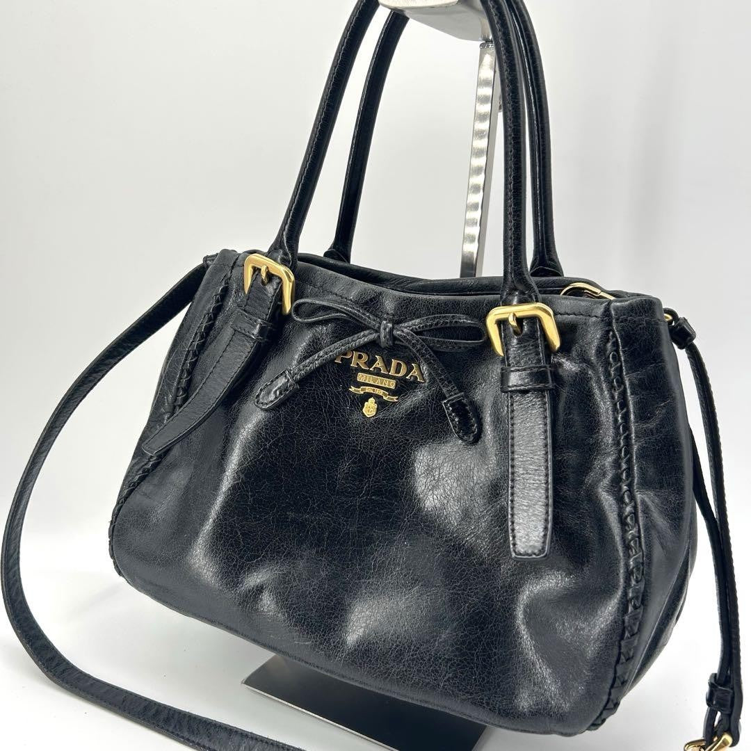 PRADA Hand Shoulder Bag Tote Purse 2way Ribbon Black Authentic