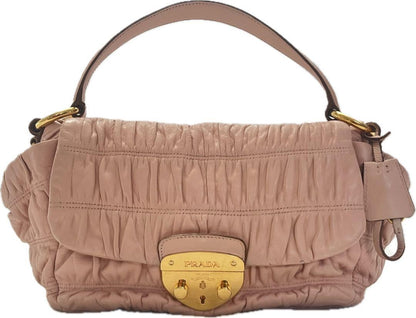 PRADA Hand Bag Tote Purse DRESSY GAUFRE Leather Pink Beige Authentic