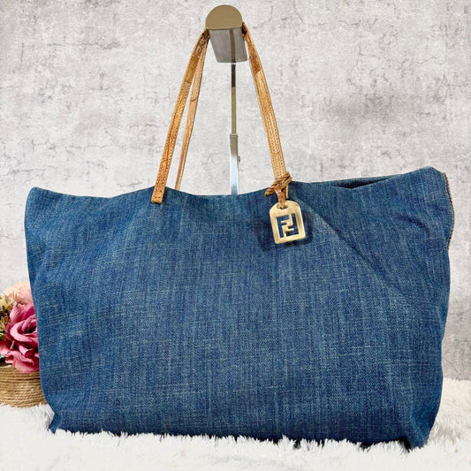 FENDI Hand Bag Tote Purse FF Denim Canvas Leather Blue Authentic