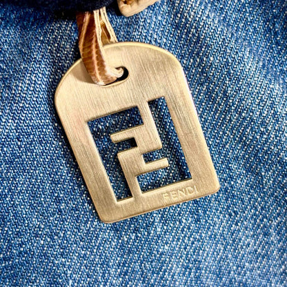 FENDI Hand Bag Tote Purse FF Denim Canvas Leather Blue Authentic