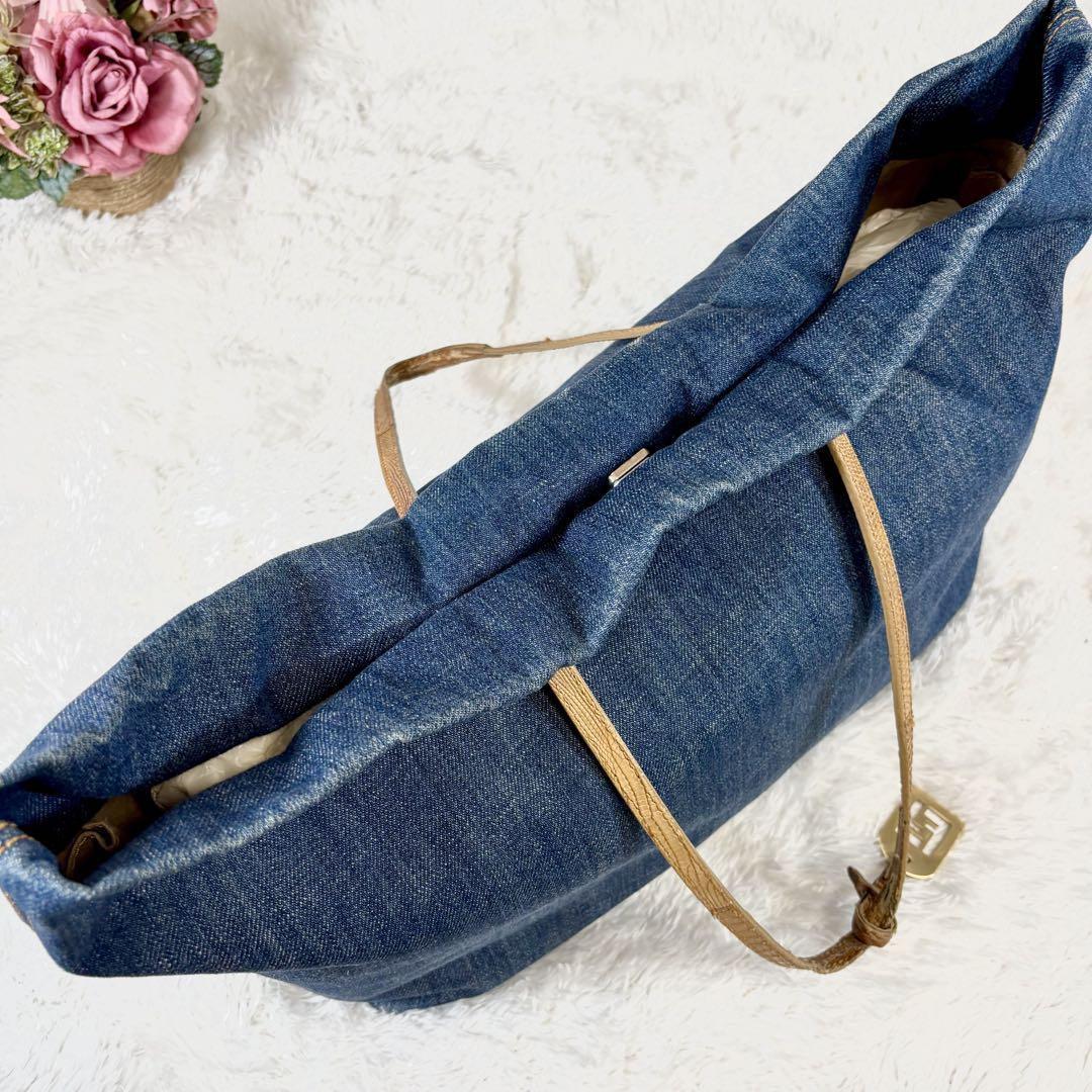 FENDI Hand Bag Tote Purse FF Denim Canvas Leather Blue Authentic