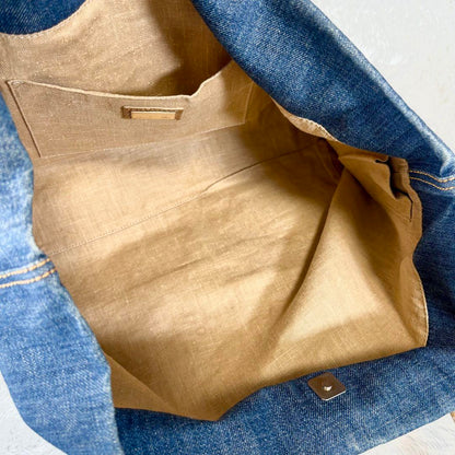 FENDI Hand Bag Tote Purse FF Denim Canvas Leather Blue Authentic