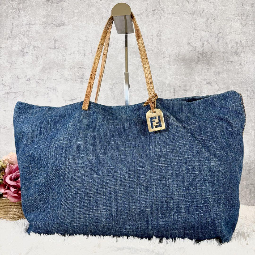 FENDI Hand Bag Tote Purse FF Denim Canvas Leather Blue Authentic