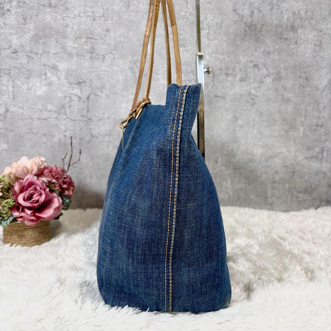 FENDI Hand Bag Tote Purse FF Denim Canvas Leather Blue Authentic