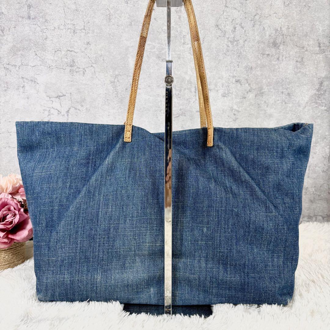 FENDI Hand Bag Tote Purse FF Denim Canvas Leather Blue Authentic