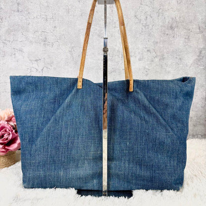 FENDI Hand Bag Tote Purse FF Denim Canvas Leather Blue Authentic