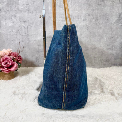 FENDI Hand Bag Tote Purse FF Denim Canvas Leather Blue Authentic