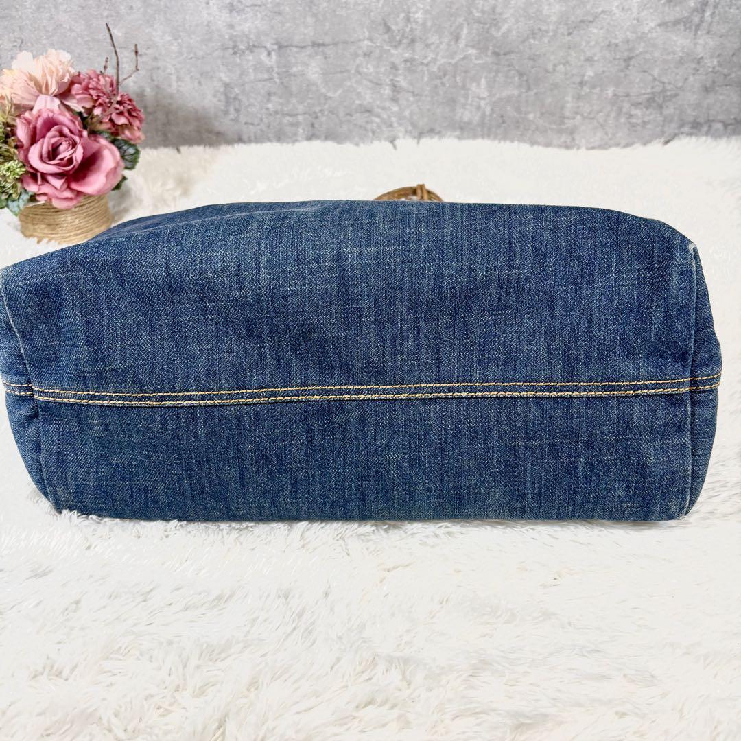 FENDI Hand Bag Tote Purse FF Denim Canvas Leather Blue Authentic